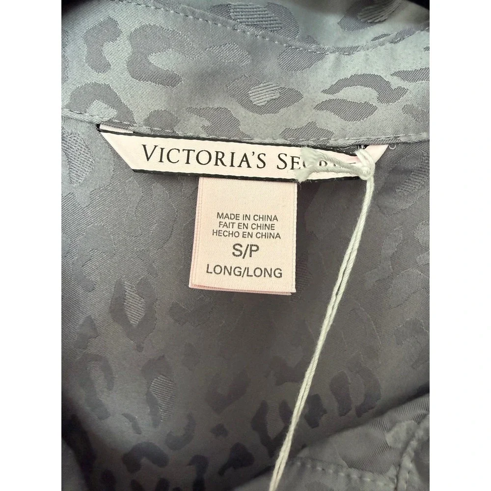 Victoria's Secret Satin Leopard Pajama Set Gray Long Small NWT